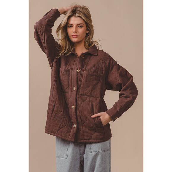 BiBi Quilted Wrinkle Gauze Long Sleeves Chest Pockets Oversized Shacket | Mocha - Picture 6 of 6